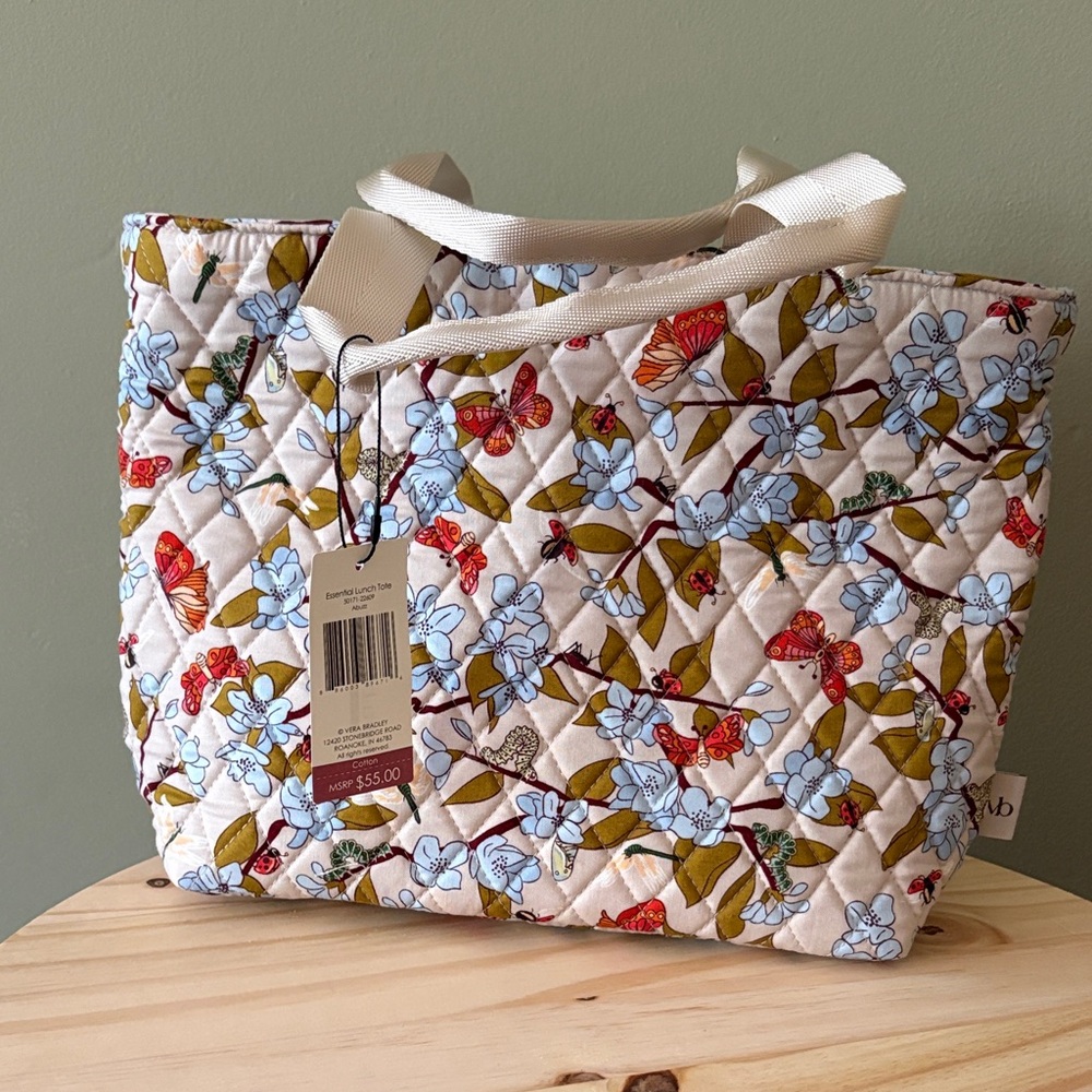 Vera Bradley Quilted Cream Tote with Blue Floral & Red Butterfly Print
